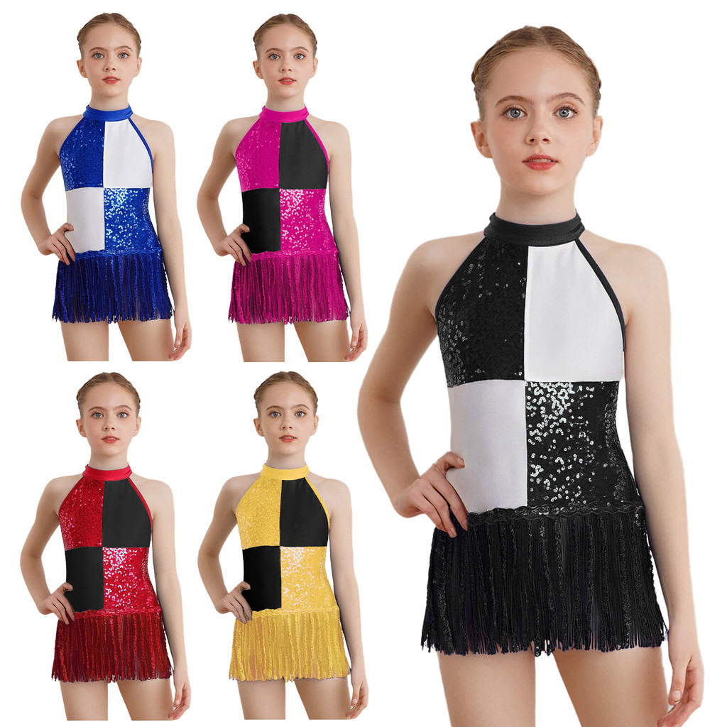 inhzoy Kids Girls Color Block Latin Dance Costume Shiny Sequins Tassel Halter Sleeveless Backless Leotard