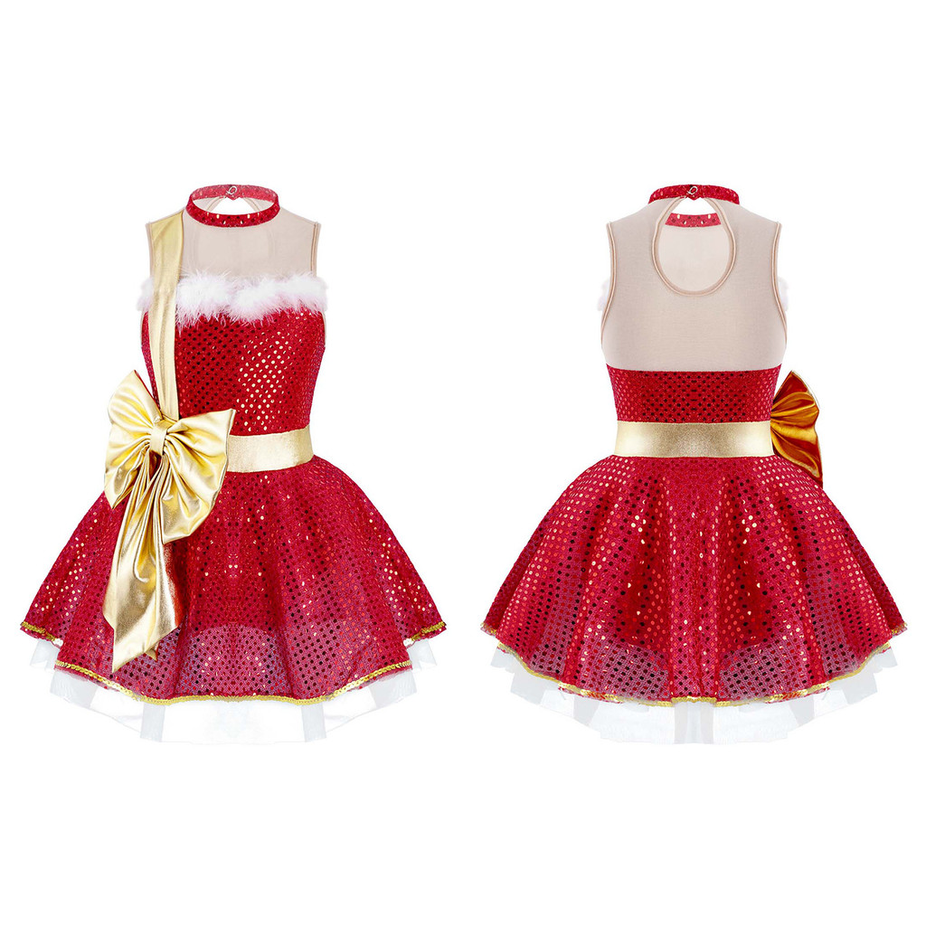 inhzoy  Kids Girls Round Neck Sleeveless Mesh Bowknot Sequins Adorned Dance Leotard Dress