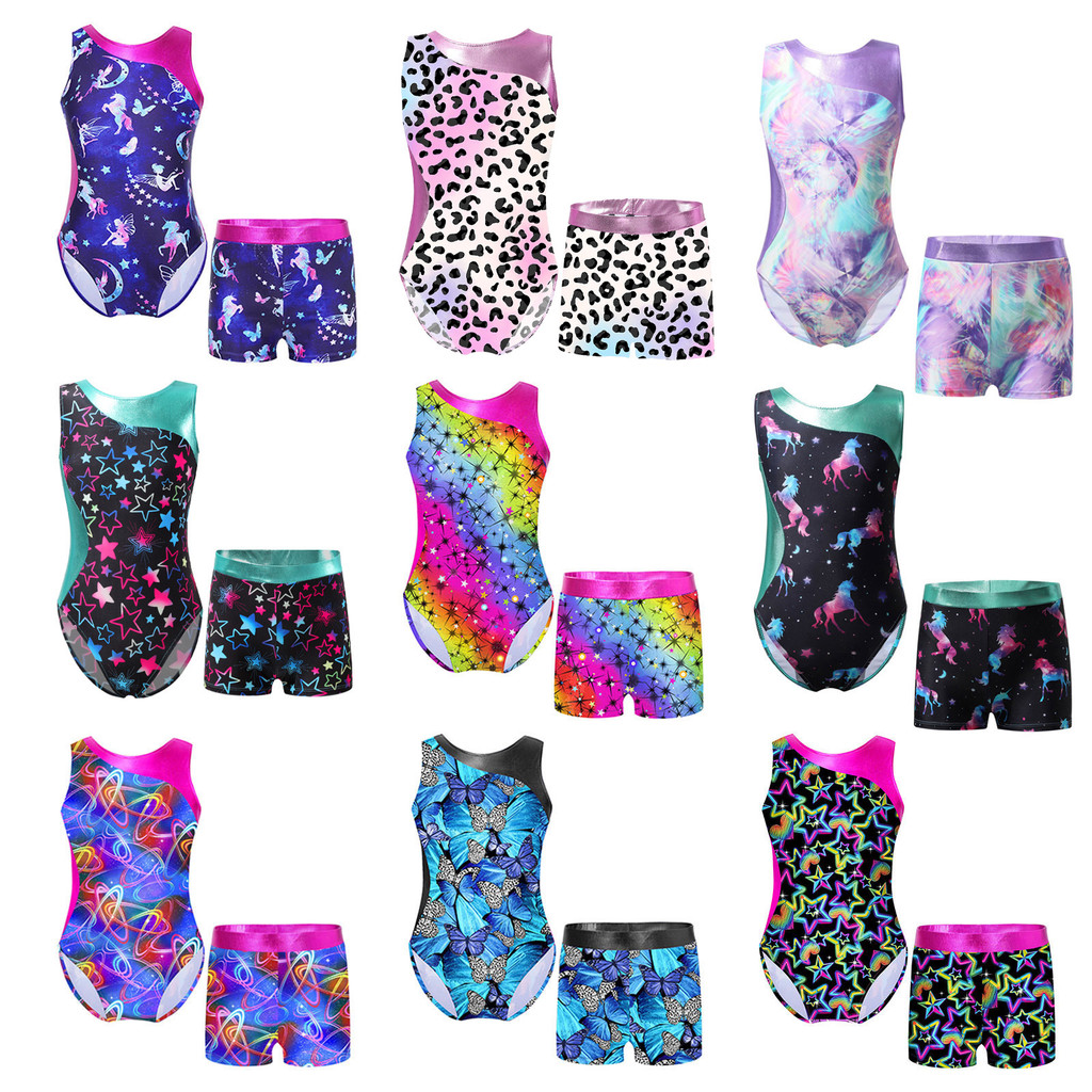 inhzoy Kids Girls Printed Gymnastics Dance Outfit Sleeveless Patchwork Leotard Jumpsuit Elastic Waist Shorts Suit