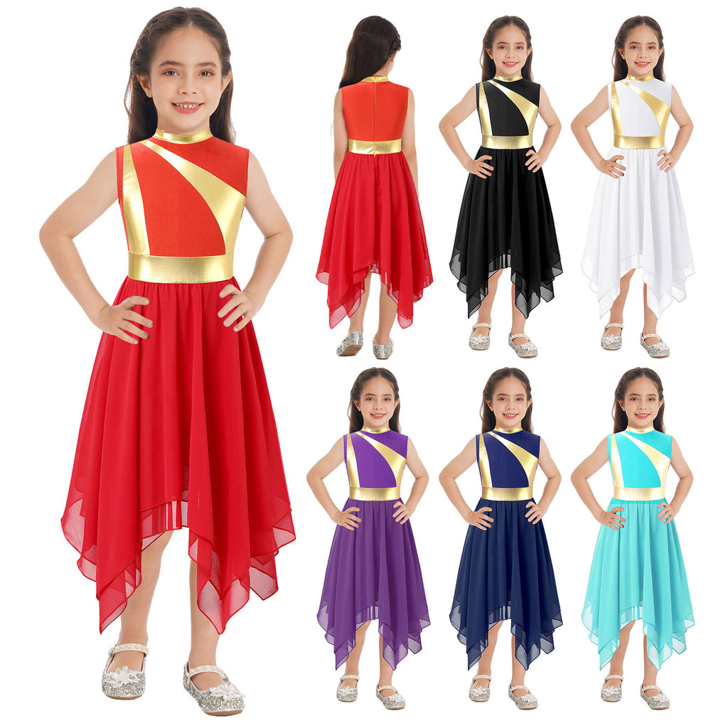 inhzoy Kids Girls Praise Dancing Dress Metallic Patchwork Sleeveless Asymmetrical Hem Dress Modern Lyrical Dance Costume