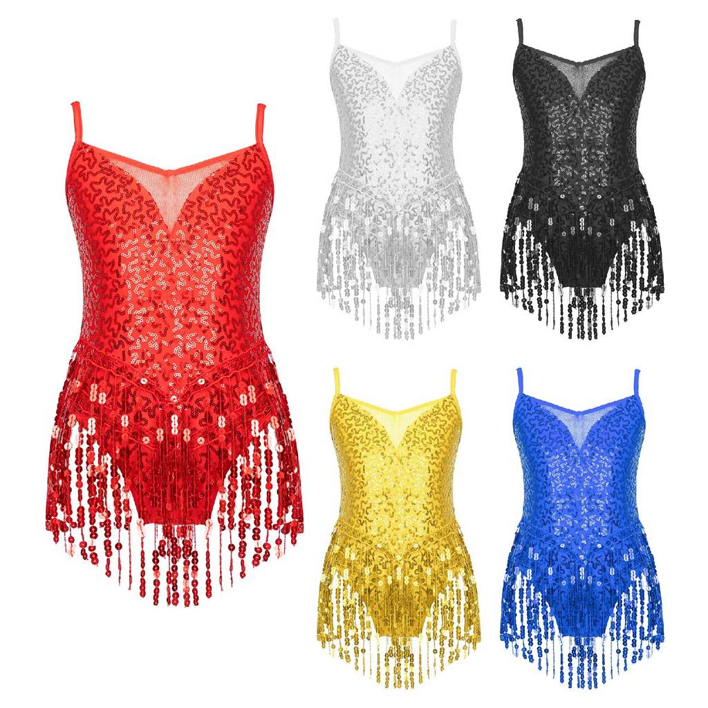 inhzoy Kids Girls Stylish Clothing Sleeveless V Neckline Shiny Sequins Mesh Patchwork Tassel Hem Dance Leotards