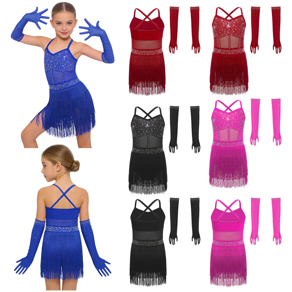 inhzoy Kids Girls Latin Dance Outfit Sleeveless Cross Back Mesh Patchwork Tiered Tassel Leotard with 1 Pair Mesh Gloves