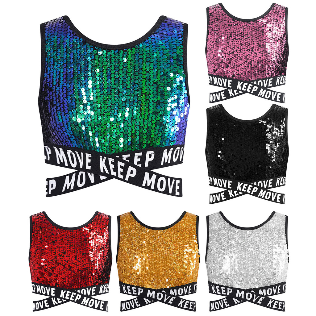 inhzoy Kids Girls Sparkling Sequin Sleeveless Round Neck Criss-cross Waistline Crop Top for Dance Performance Hip-hop