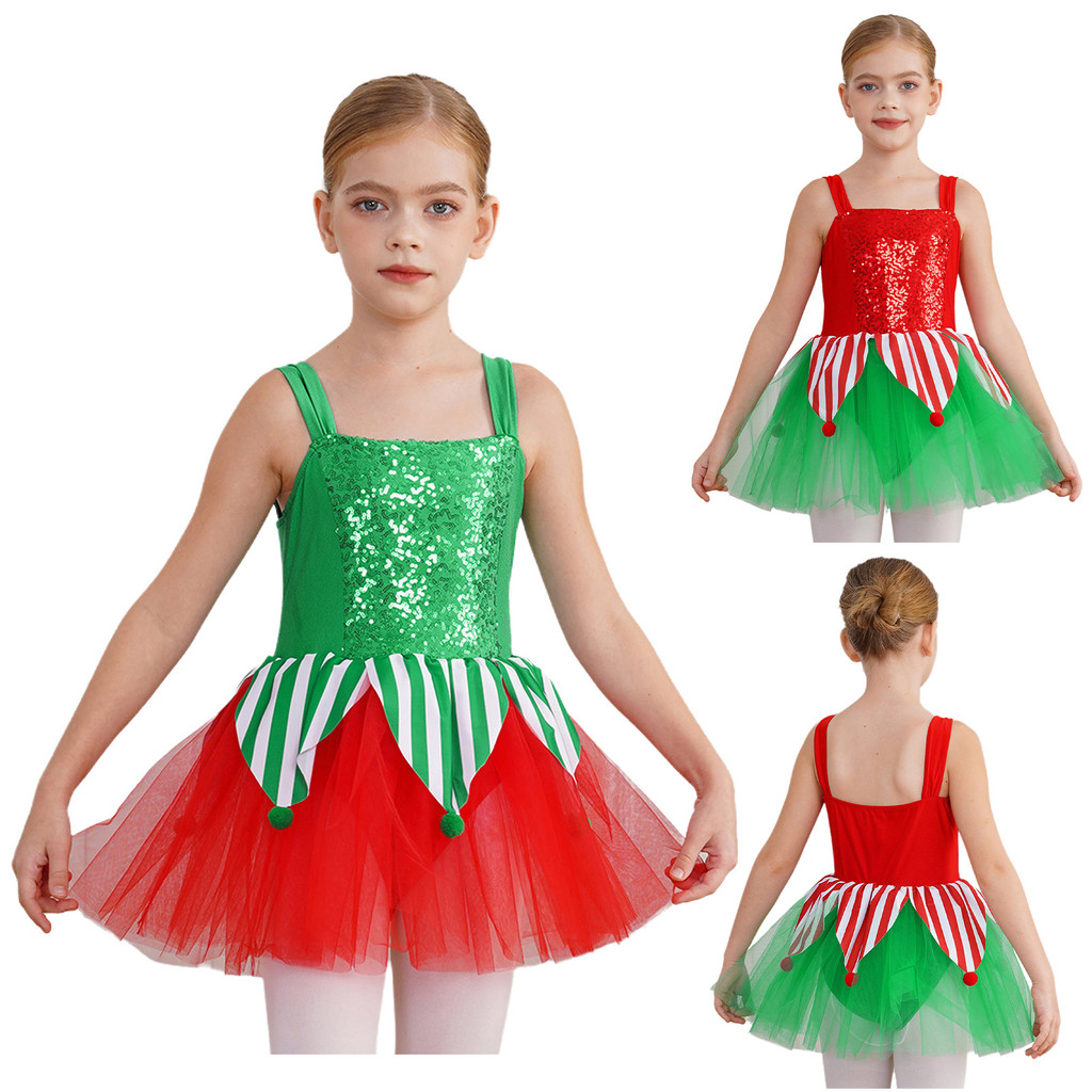 inhzoy Kids Girls Shiny Jumpsuit Christmas Costumes Sleeveless Jagged Pompoms Tulle Skirt Jumpsuit for Cosplay Dancing