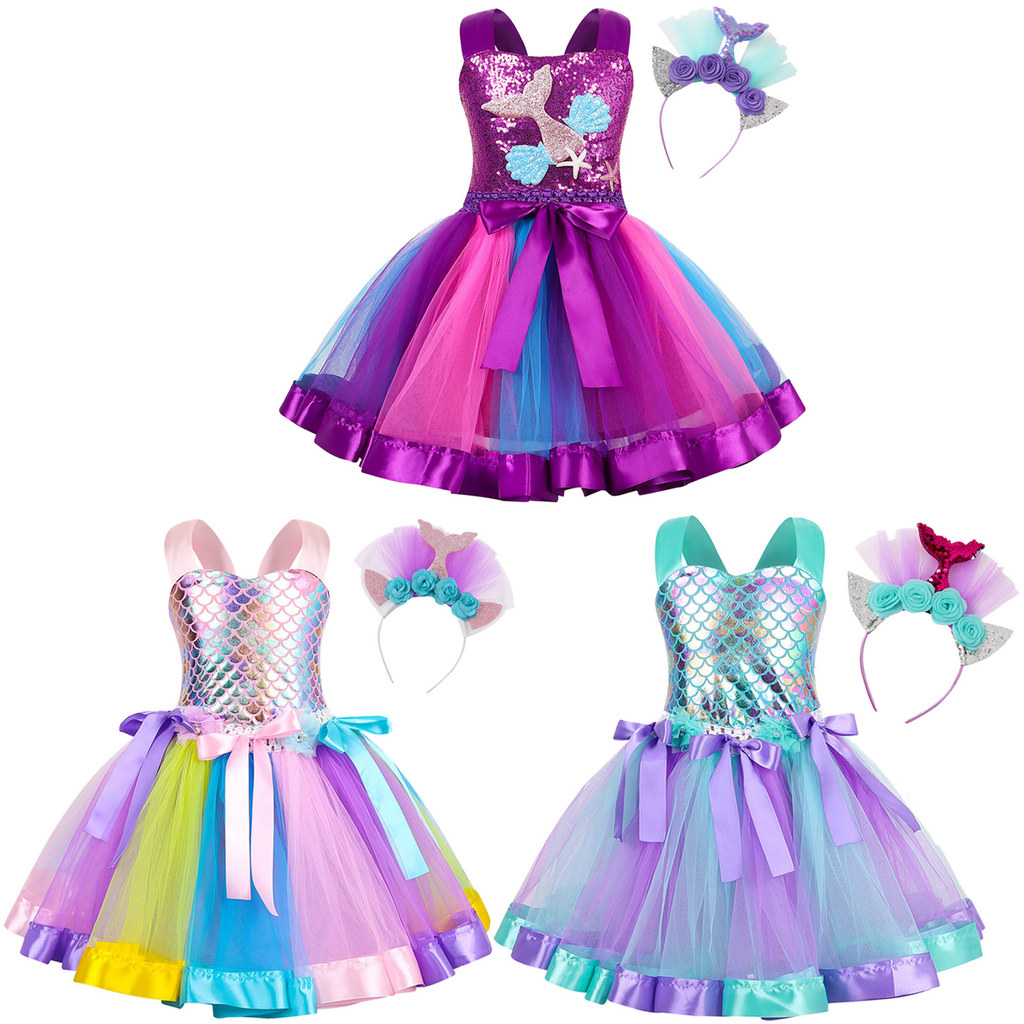 inhzoy 2Pcs Kids Girls Mermaid Costume Sleeveless Open Back Fish Scales Print Colorful Mesh Tutu Dress with Hair Hoop