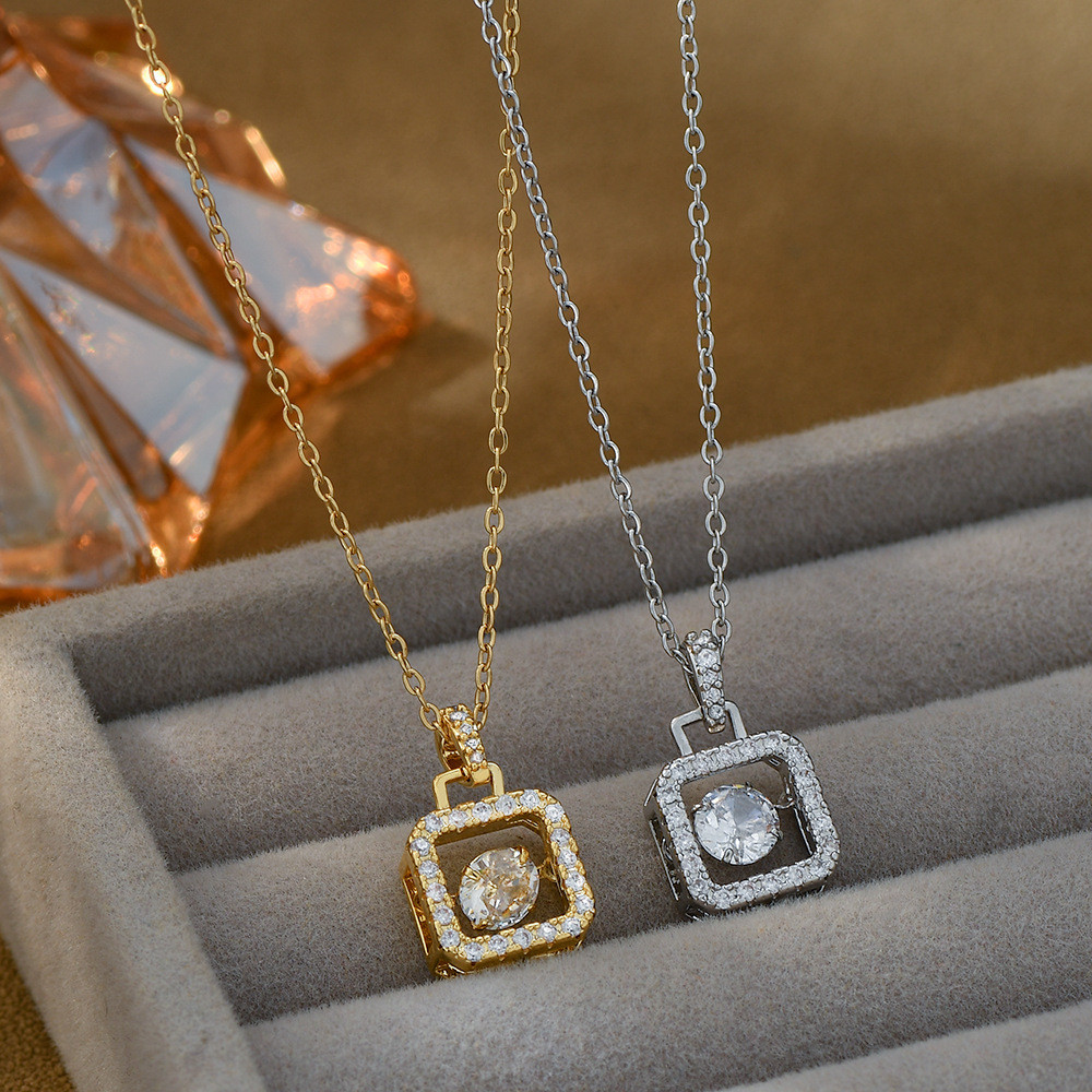 Gold Square Geometric Necklace with Floating Crystal - Elegant Women's Jewelry, Fashion Pendant Gift for Her
