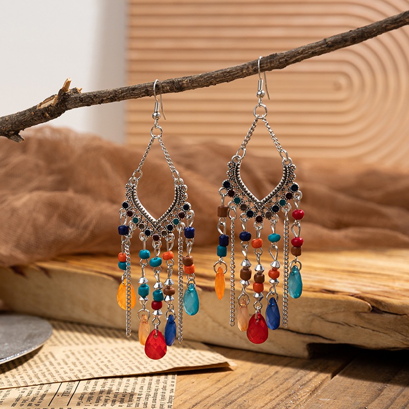 Brincos Geométricos Vintage Long Crystal Geometric Para Mulheres Boho Silver Cor Oca Tassel Bijoux Femme Acessórios