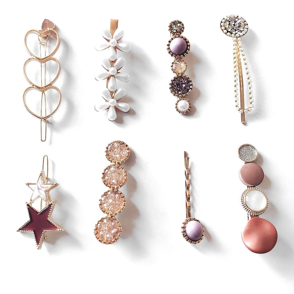 8 Pcs Handmade Hair Clips Acrylic Resin Metal Hair Barrettes Glitter Pearl Crystal Geometric Hairpin for Women Girls Hea