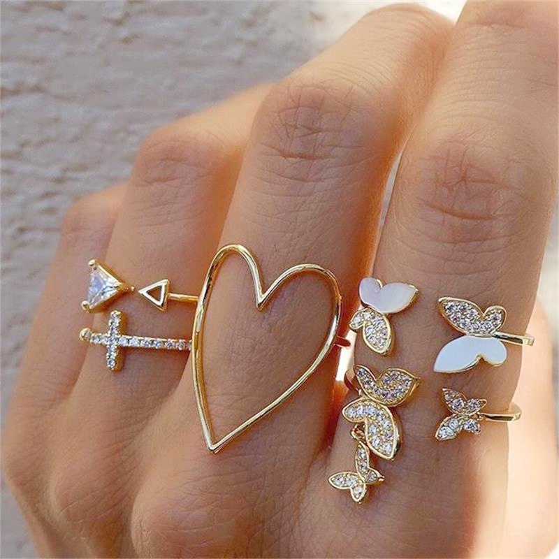 5pcs / set Vintage Bohemian Ring Heart Butterfly Gold Crystal Geometric Knuckle Anéis Ocos de Rhinestone Jóias Femininas