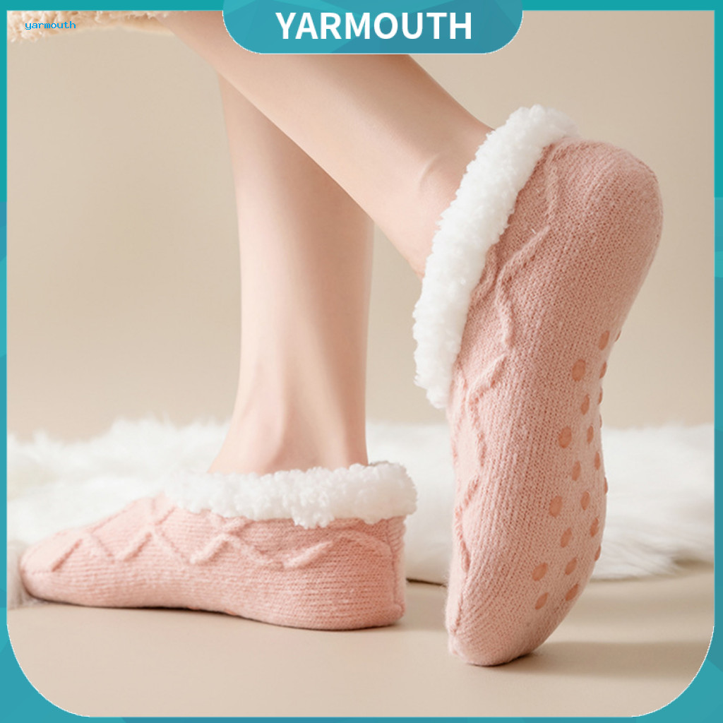 Women Coral Velvet Dotted Socks Mid-calf Winter 1 Pair Thick Plush Floor Anti-slip Sole Warm Fuzzy Leg Warmers for Weath