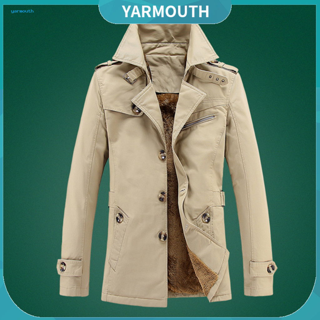 Men Cotton Jacket Coat Men's Autumn with Button Closure Thick Velvet Lining Solid Color Casual Windbreaker Pockets – W