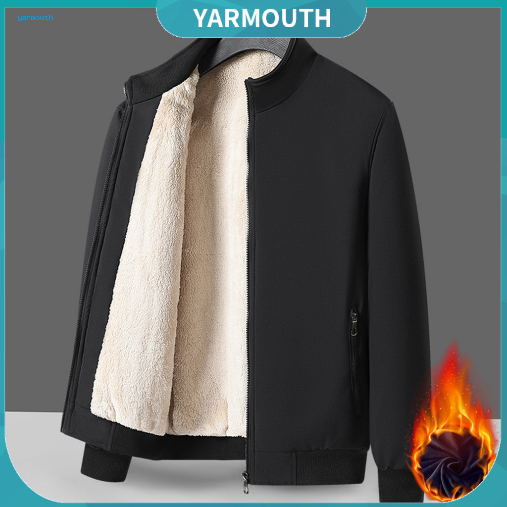 Zipper Pockets Cotton Coat Versatile Solid Color Jacket Men's Winter with Stand Collar Thick Velvet Lining Long Sleeve B