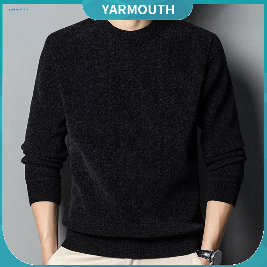 Round Neck Sweater Velvet Men's Winter Thick Plush Lined Knitted Elastic Pullover Warm Loose Fit for Work Business Schoo