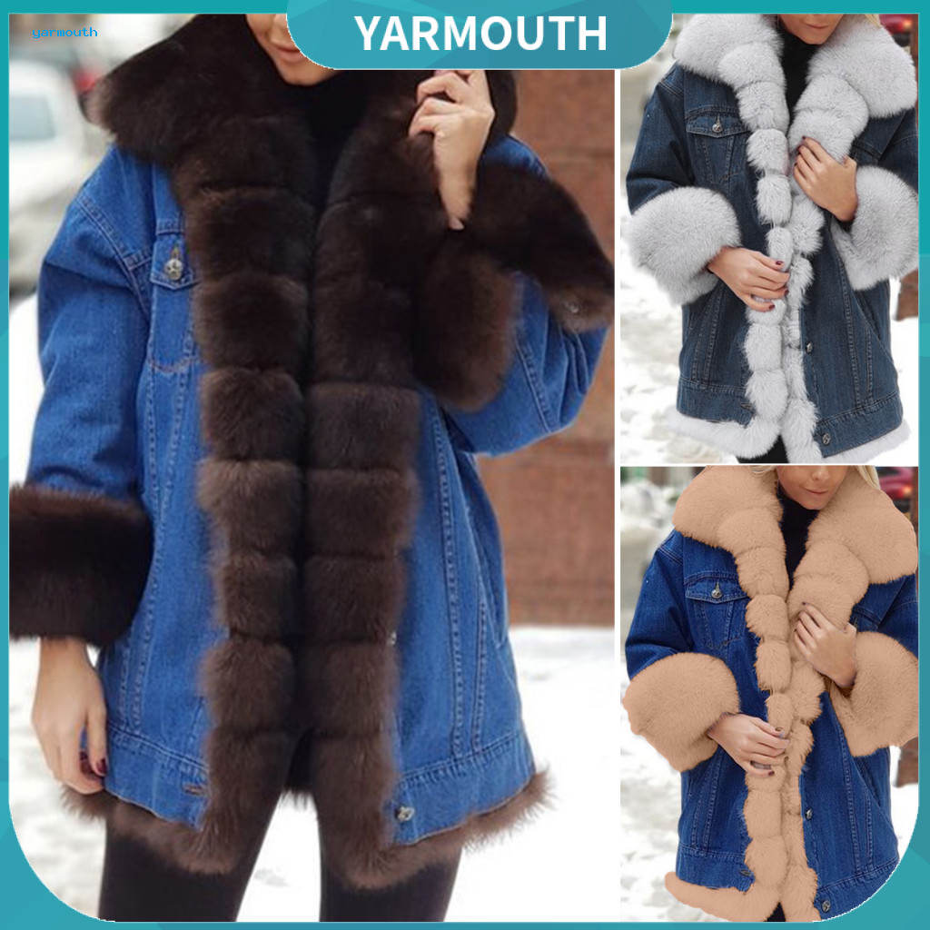 Thick Velvet Jacket Women Plush Winter Women’s Denim with Faux Fur Trim Long Sleeves Color Block Pockets Mid-length Wa