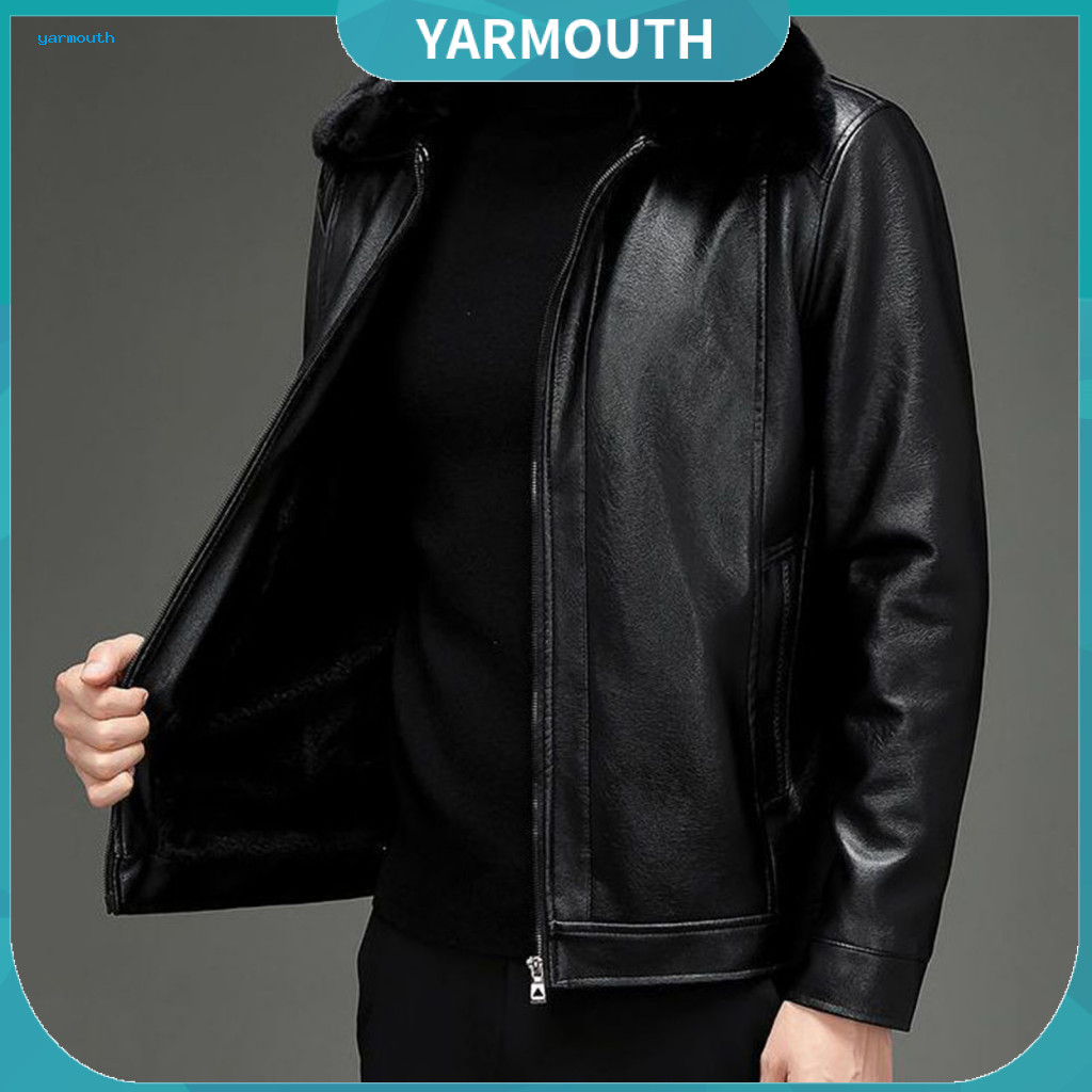 Men Faux Leather Jacket Zipper Placket Coat Men's with Fur Lapel Thick Velvet Lining Windproof Long Sleeve Solid Color f