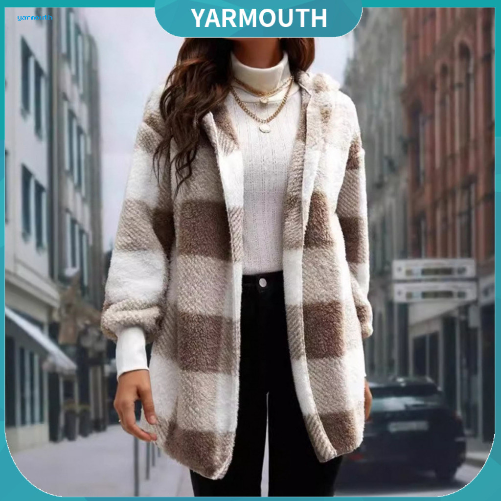 Hooded Plaid Coat Winter Jacket Lady Thick Double-sided Velvet Overcoat with Contrast Print Elastic Cuffs Loose Fit –