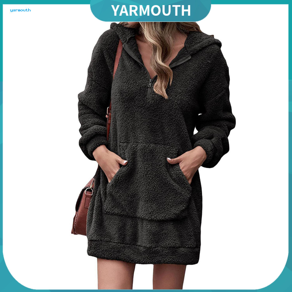 Double-sided Velvet Hoodie Winter Women’s Plush Dress with Big Pocket Long Sleeves Thick Warm Pullover Mini Loose Fit