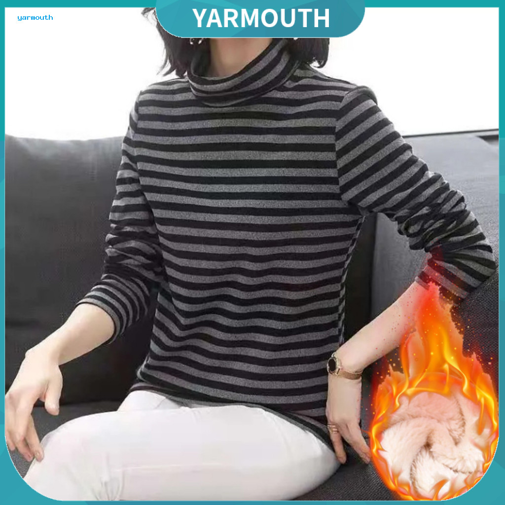 Women Velvet Top Striped Tee Women’s High Collar Long Sleeve Pullover Thick Lining Print Warm and Stylish Winter Shirt