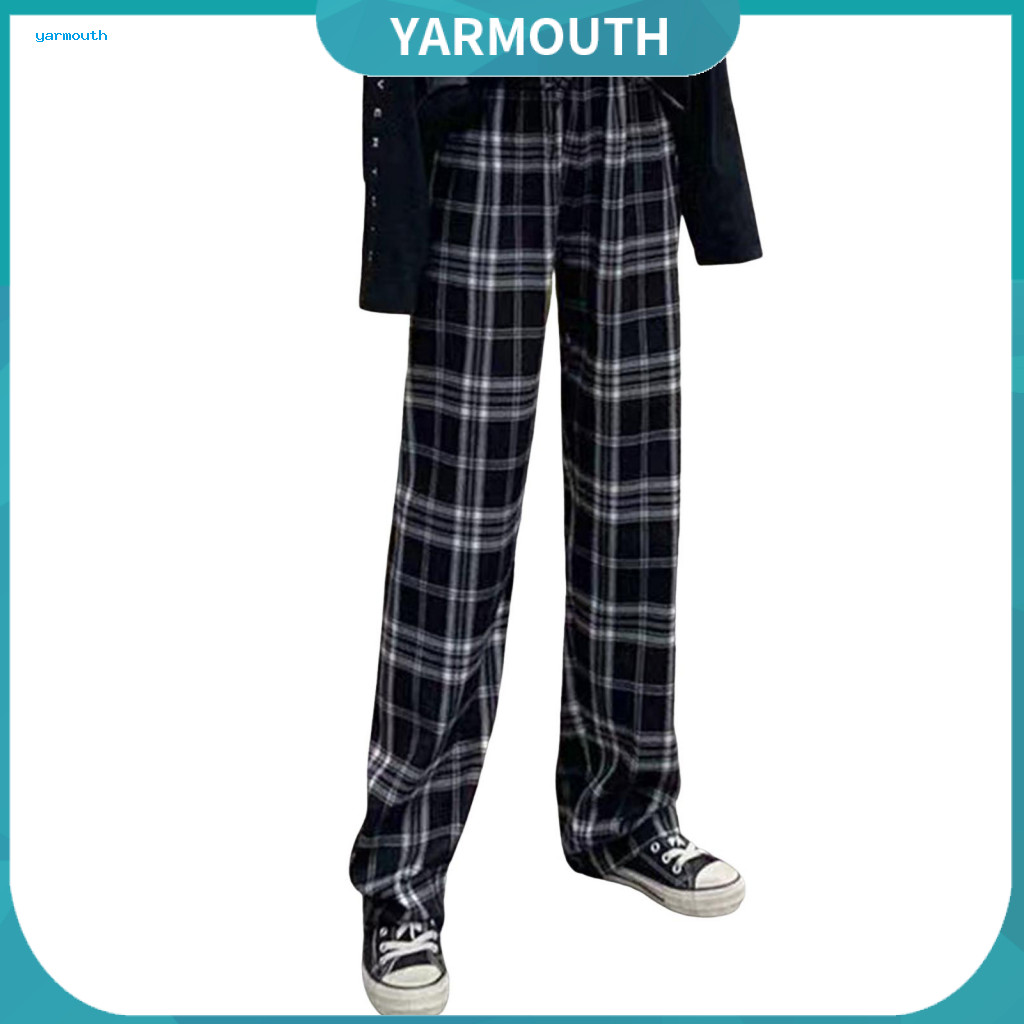 Wide-leg Pants Women Plaid Women’s High Waist Wide Leg Elastic Print Winter Trousers with Thick Velvet Lining Warm and