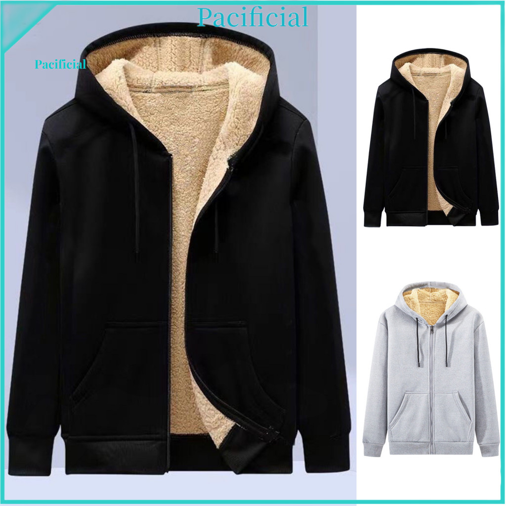 Men Solid Color Velvet Jacket Hooded Zip-up Coat Men's Fall Winter Hoodie Thick Fleece Lined with Pockets Long Sleeve Sw