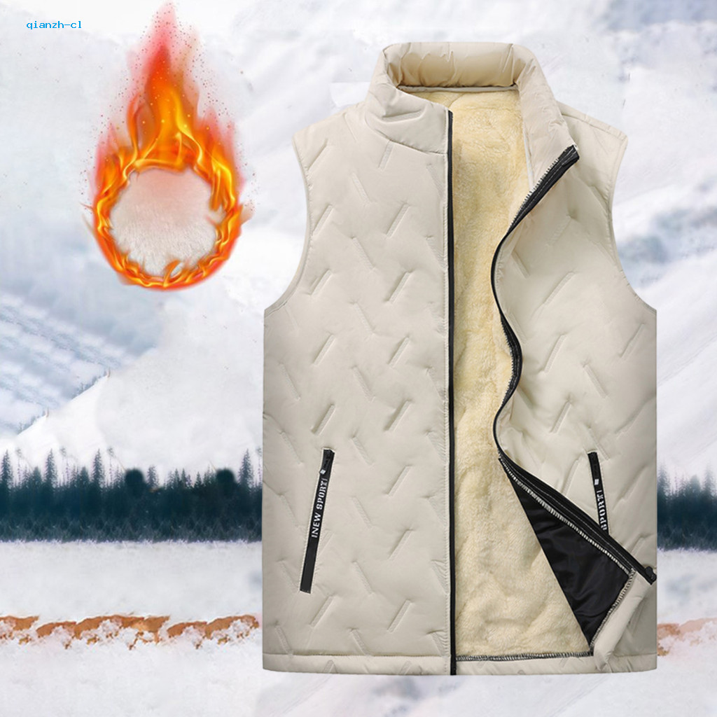 Velvet Winter Vest Solid Color Men's Padded Sleeveless Jacket Warm Stand Collar Zipper Waistcoat Windproof Thick Plush O