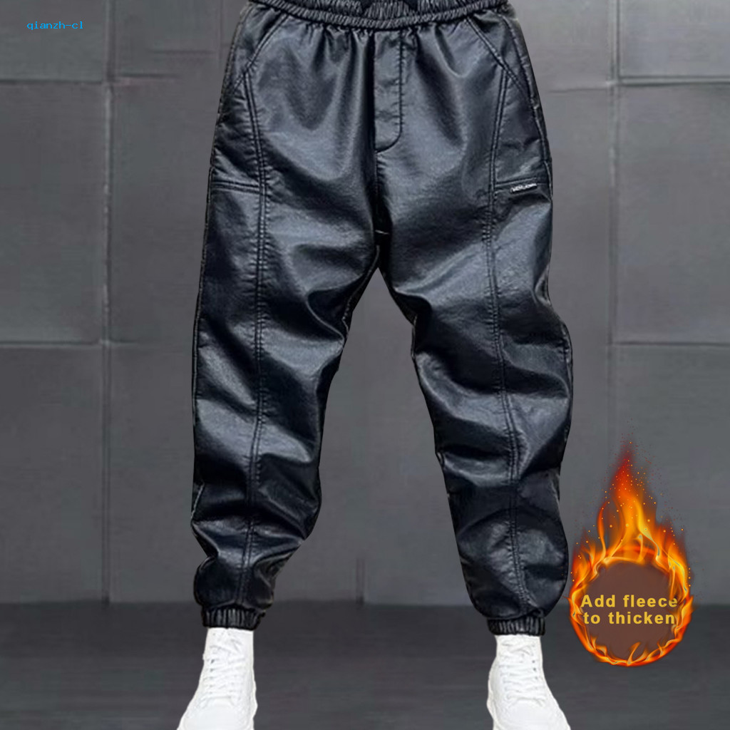 Velvet Pants Faux Leather Trousers Men's Waterproof Windproof Elastic Waist Warm Thick Plush Ankle-banded Motorcycling C