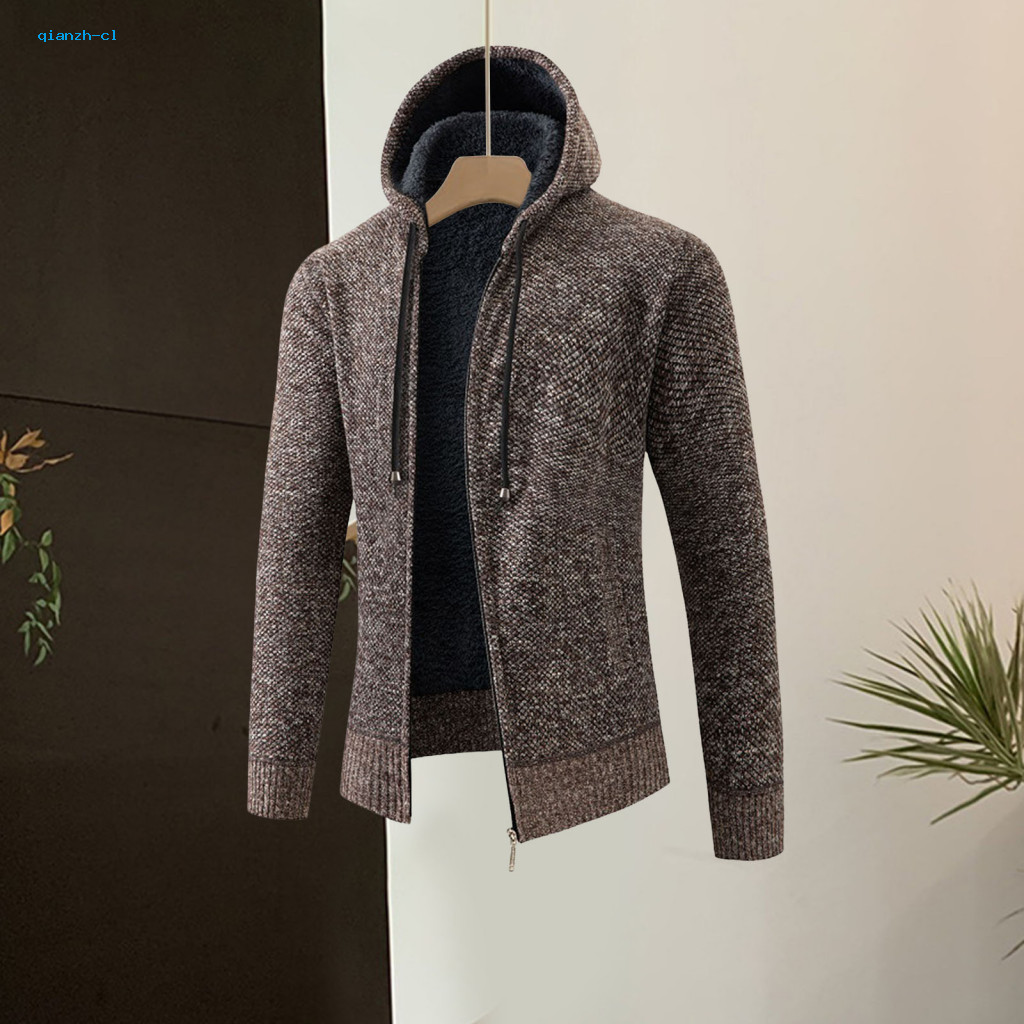 Men Hooded Knitted Jacket Fleece Zipper Cardigan Men's Winter with Hood Thick Velvet Lining Ribbed Cuffs Hem Closure Dra
