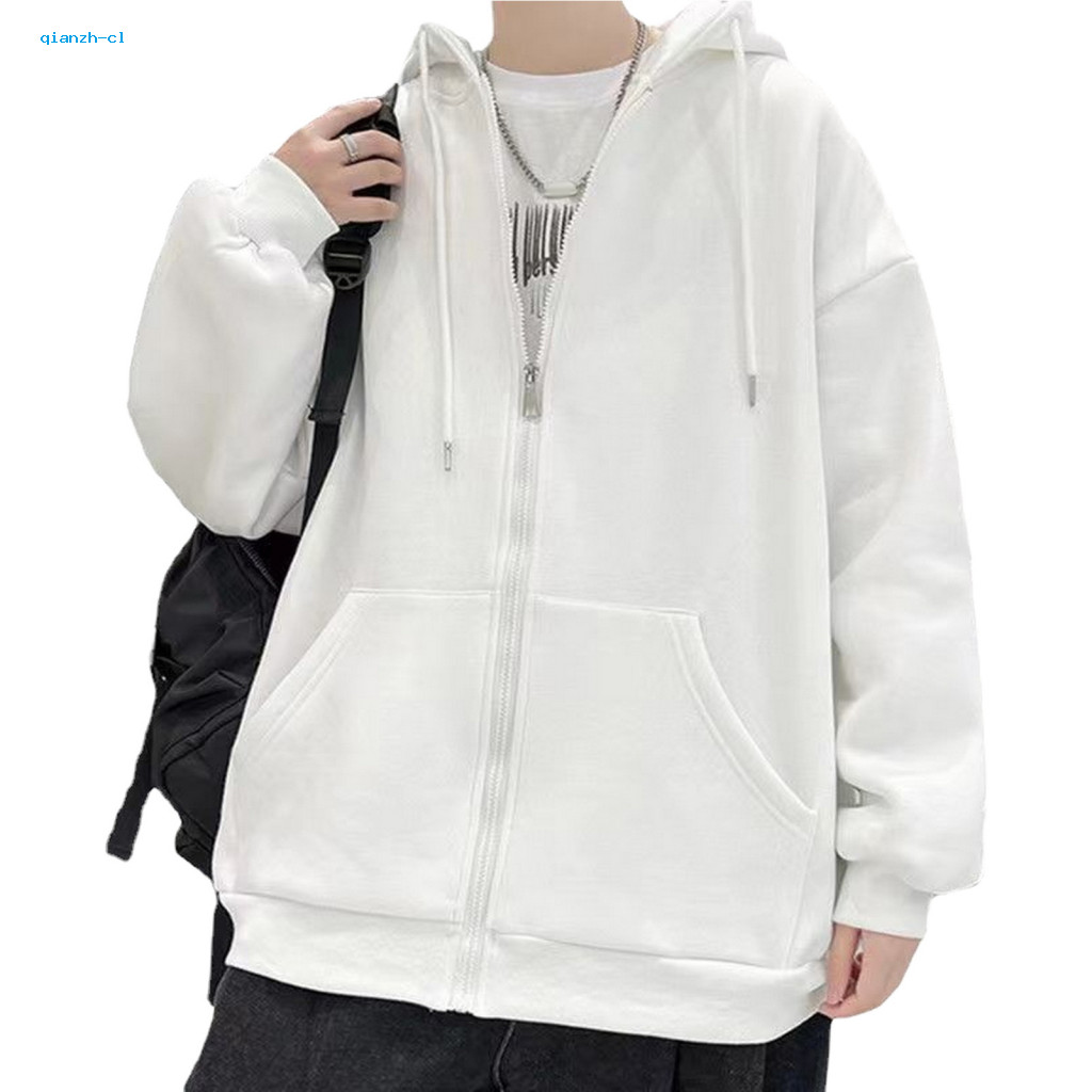 Men Velvet Hoodie Solid Color Men's Fall Winter Jacket Thick Zip-up Cardigan with Drawstring Hood Loose Fit Plus Size Pa