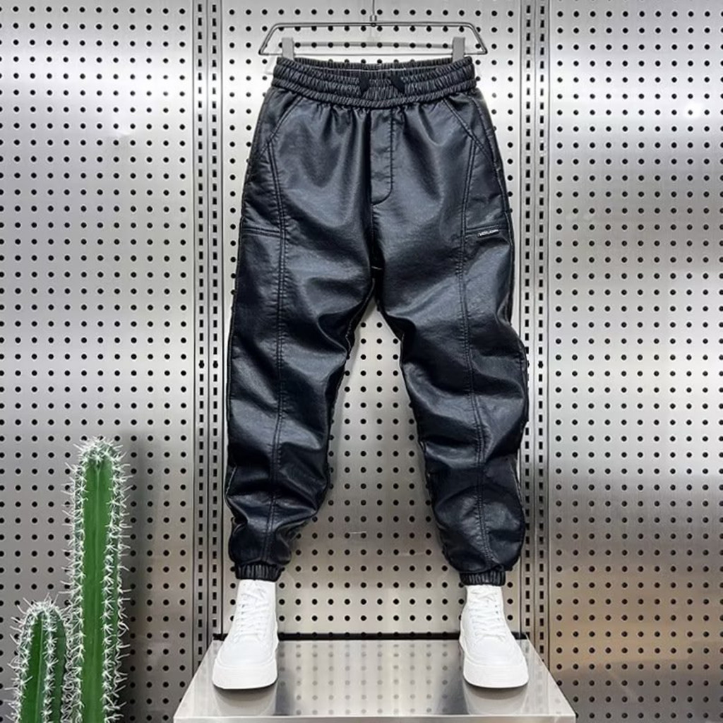 Faux Leather Trousers Velvet Pants Men's Waterproof Windproof Elastic Waist Warm Thick Plush Ankle-banded Motorcycling C