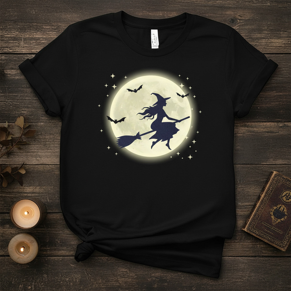Camiseta Feminina Halloween Bruxa, Manga Curta Gola Redonda Estampa Temática