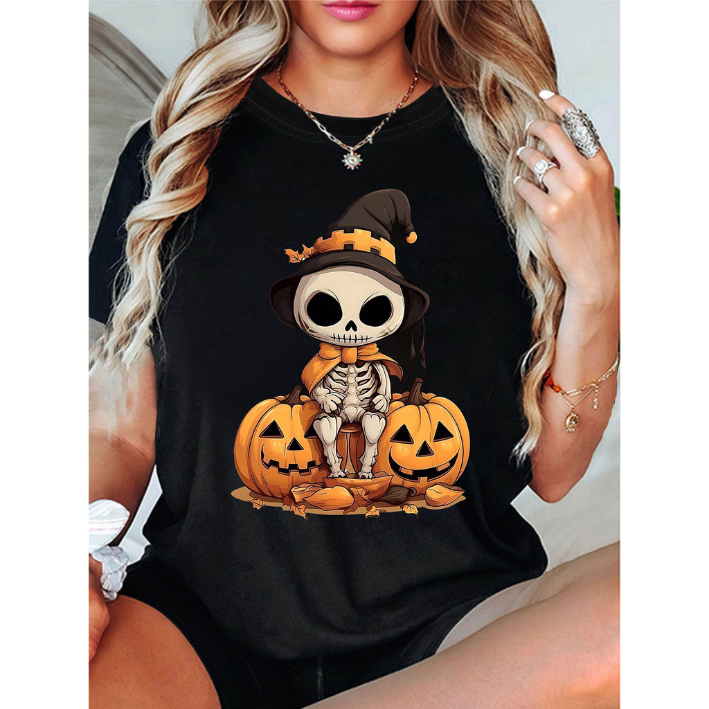 Camiseta Feminina Plus Size Halloween Esqueleto Bruxa Abóbora Manga Curta Festivo Unissex Shirt Oversized 100% Algodão