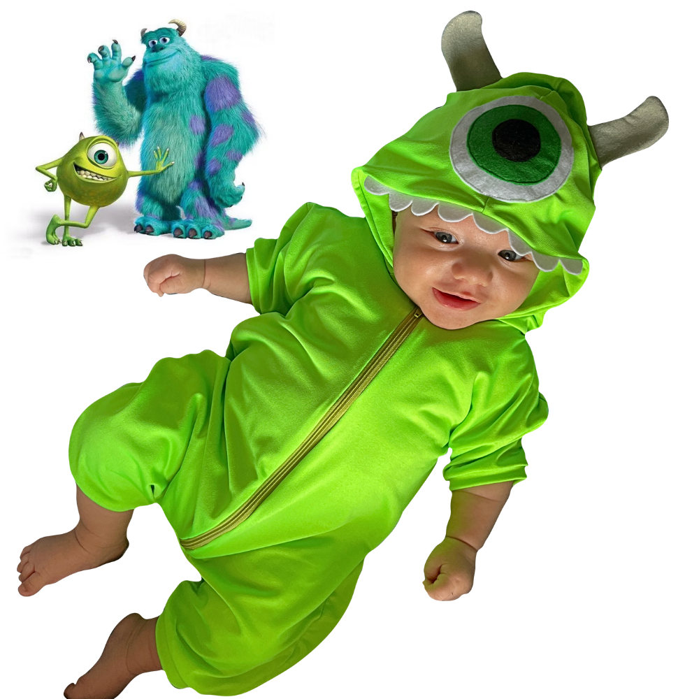 Macacão infantil Verão Manga curta Capuz Mike Monstros SA Fantasia Bebe RN Halloween Pijama