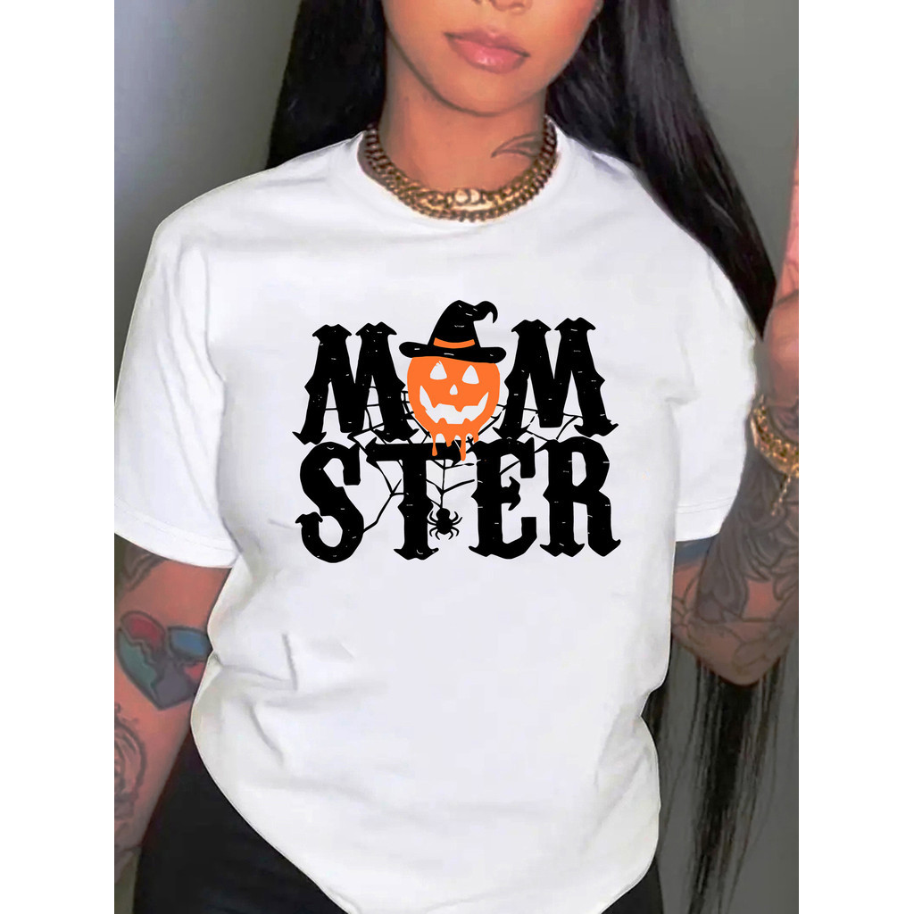 Camiseta Linda Camiseta Feminina Halloween Momster Abóbora Básica Manga Curta 100% Algodão Algodão 30.1 Envio Imediato
