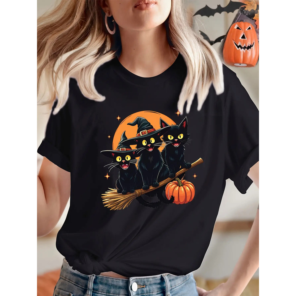 Camiseta Camisa Algodão Feminina Halloween Gatos Bruxas Abóboras Básica Manga Curta 100% Premium Blusa Envio Imediato