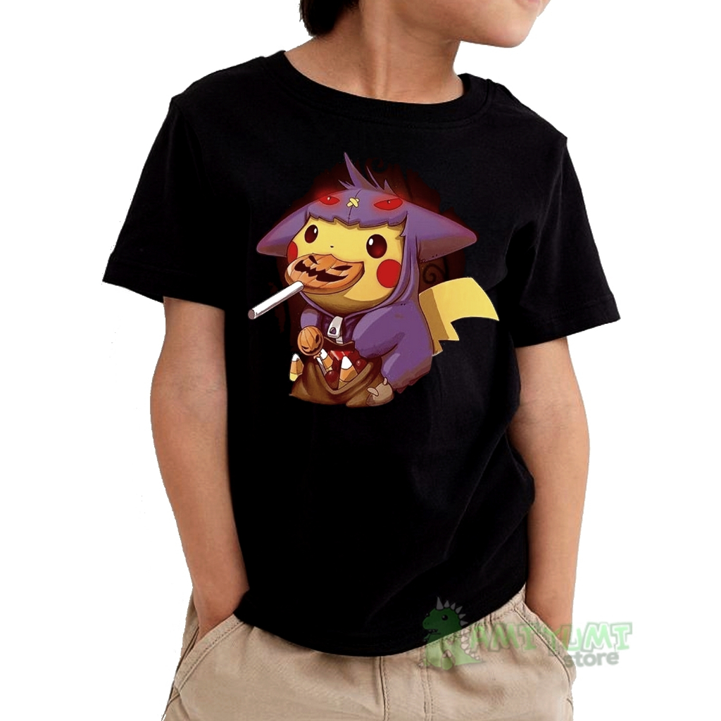 Camiseta Pikachu Halloween Infantil Manga Curta de Algodão