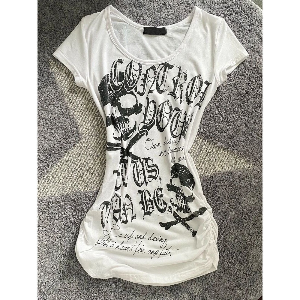 Camiseta Feminina Y2k de Verão Estilo Vintage Punk Rock com Estampa de Caveira, Manga Curta [Fantasia de Halloween] 3814