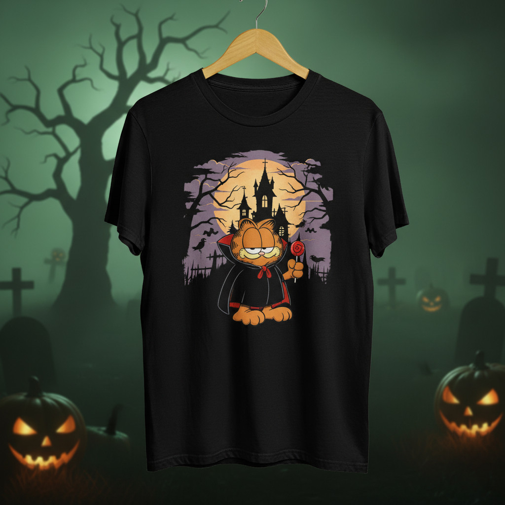 BR.Moonlight Camiseta Garfield Vampiro Pirulito Halloween, Manga Curta Coleção Temática