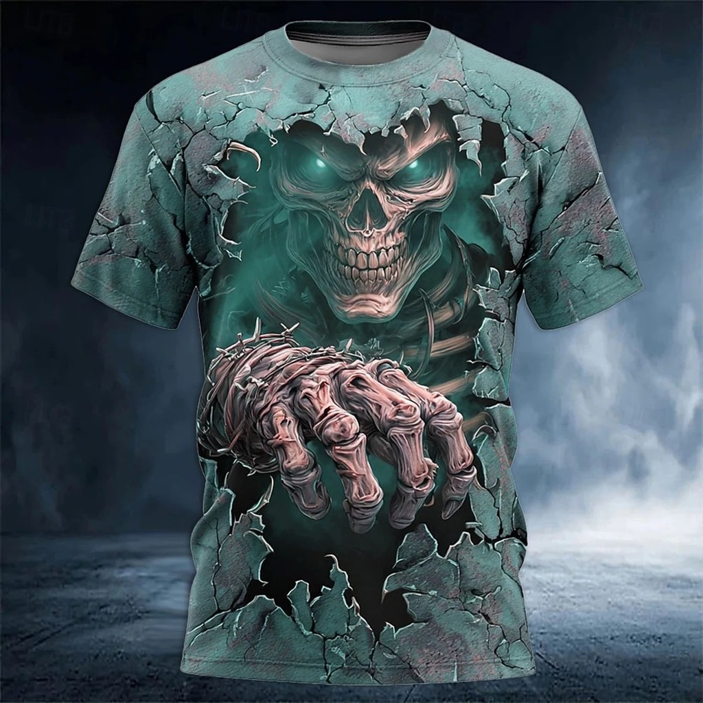Camiseta Masculina Estampada 3D De Terror De Halloween Verão Gola Redonda Manga Curta Solta Roupas De Rua Casuais