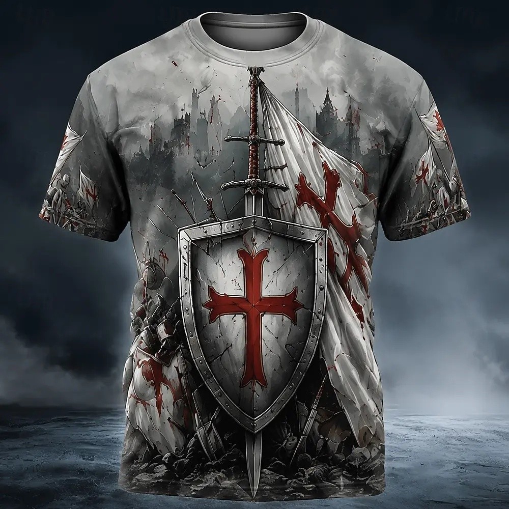 Camiseta Masculina De Halloween Cross Manga Curta Estampa 3D Gola Redonda Gótica Rua
