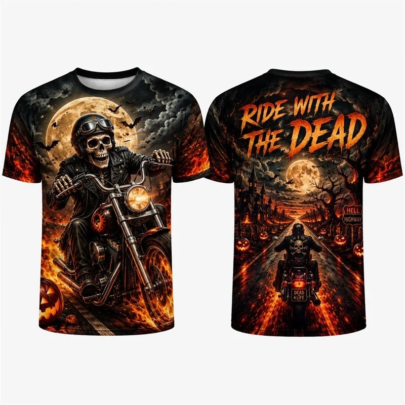 Camiseta Masculina Ride With The Dead Halloween Skeleton Biker Estampa 3D Motocicleta Manga Curta Tripulação