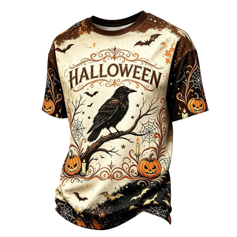 Série Halloween Cabeça de Abóbora Verão Masculino Impresso Camiseta de Manga Curta Top BI6K