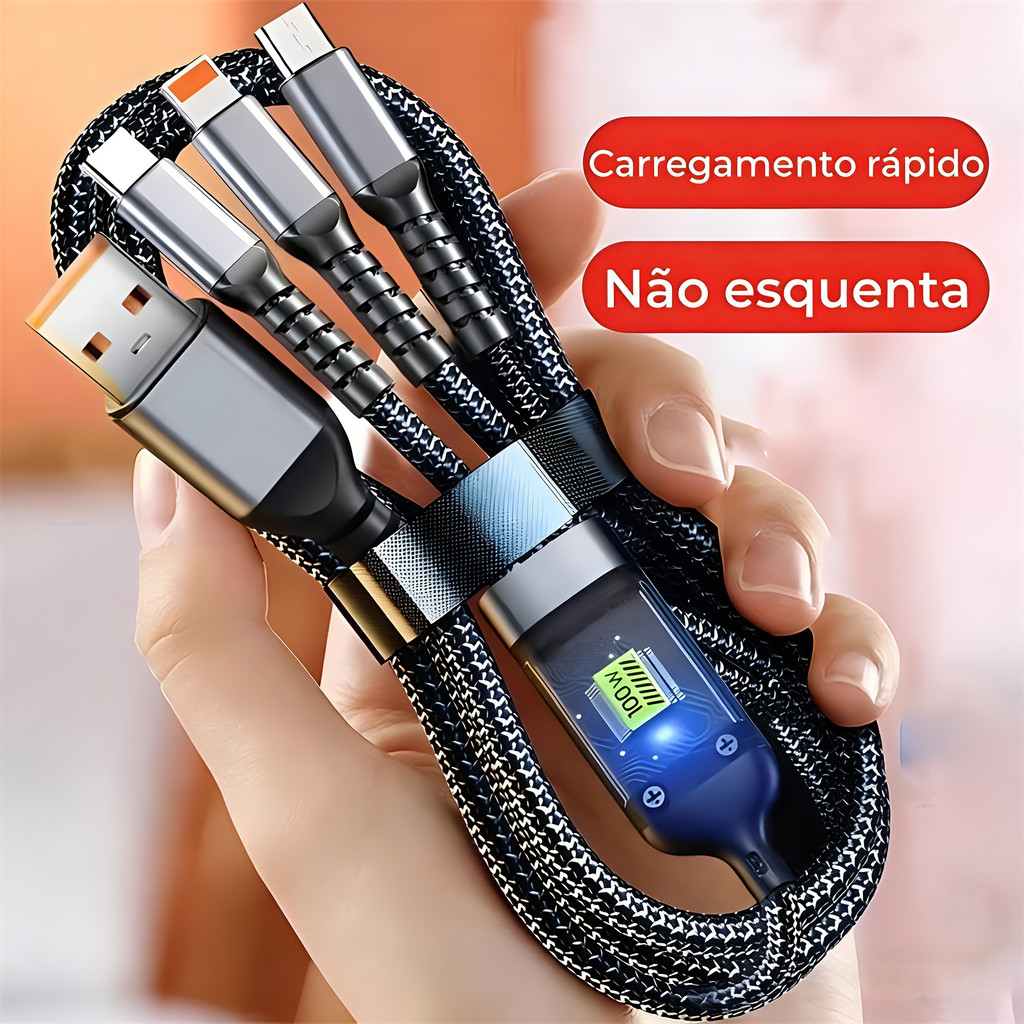 Cabo De Carregamento Rápido 3 Em 1 100W Lightning Type C USB Micro Para iPhone 13 15 Samsung Lâmpada Piloto Tela Digital