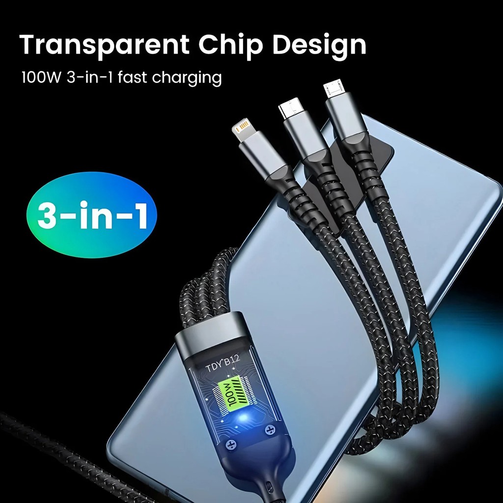 100W 6A 3 Em 1 Cabo De Carregamento Rápido USB-C Lightning Micro Carregador Com Display Digital Para iPhone Android