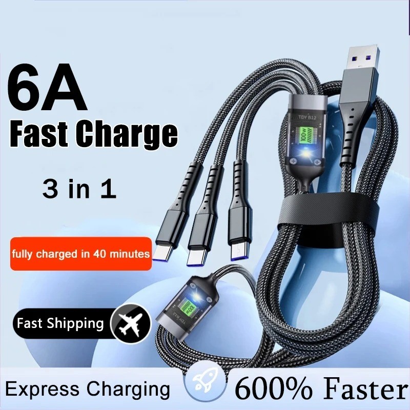 Cabo De Carregamento Rápido 3 Em 1 100W Lightning Type C USB Micro 6A Para iPhone 13 15 Samsung Pilot Lamp Tela Digital