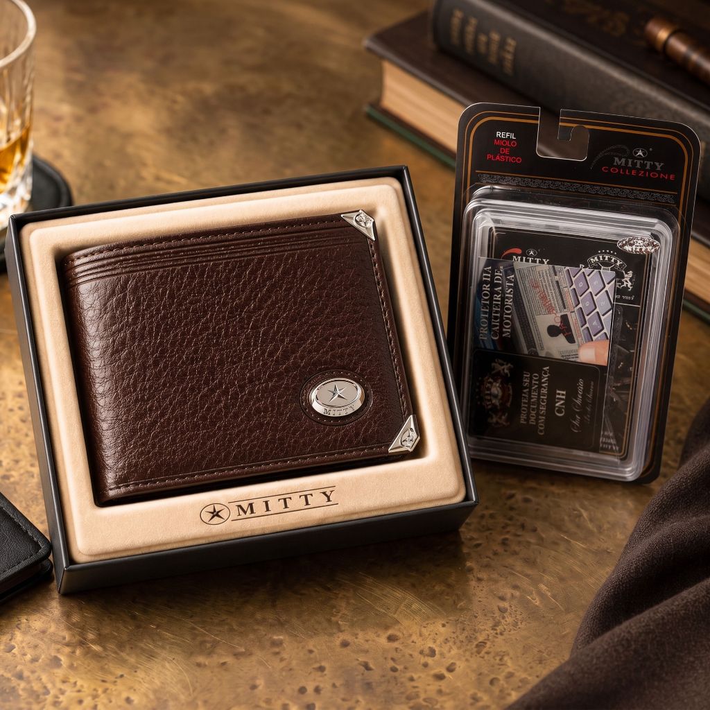 Kit Presente Homem Carteira Masculina Grande Mitty Couro Legítimo + Refil Mitty M2 PLM2 CAFE