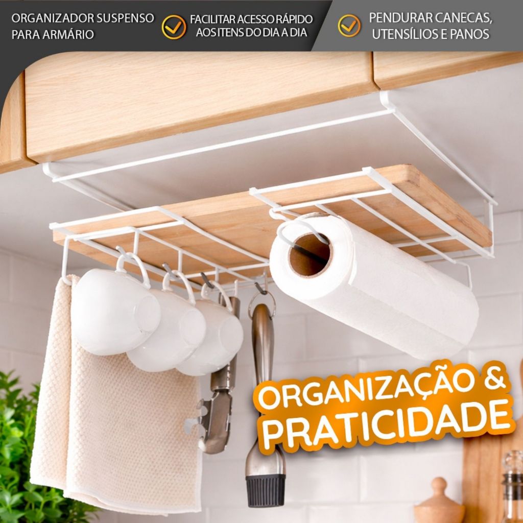 Suporte de xícaras - Organizador de Armário Aramado Suspenso – Prateleira Extensível