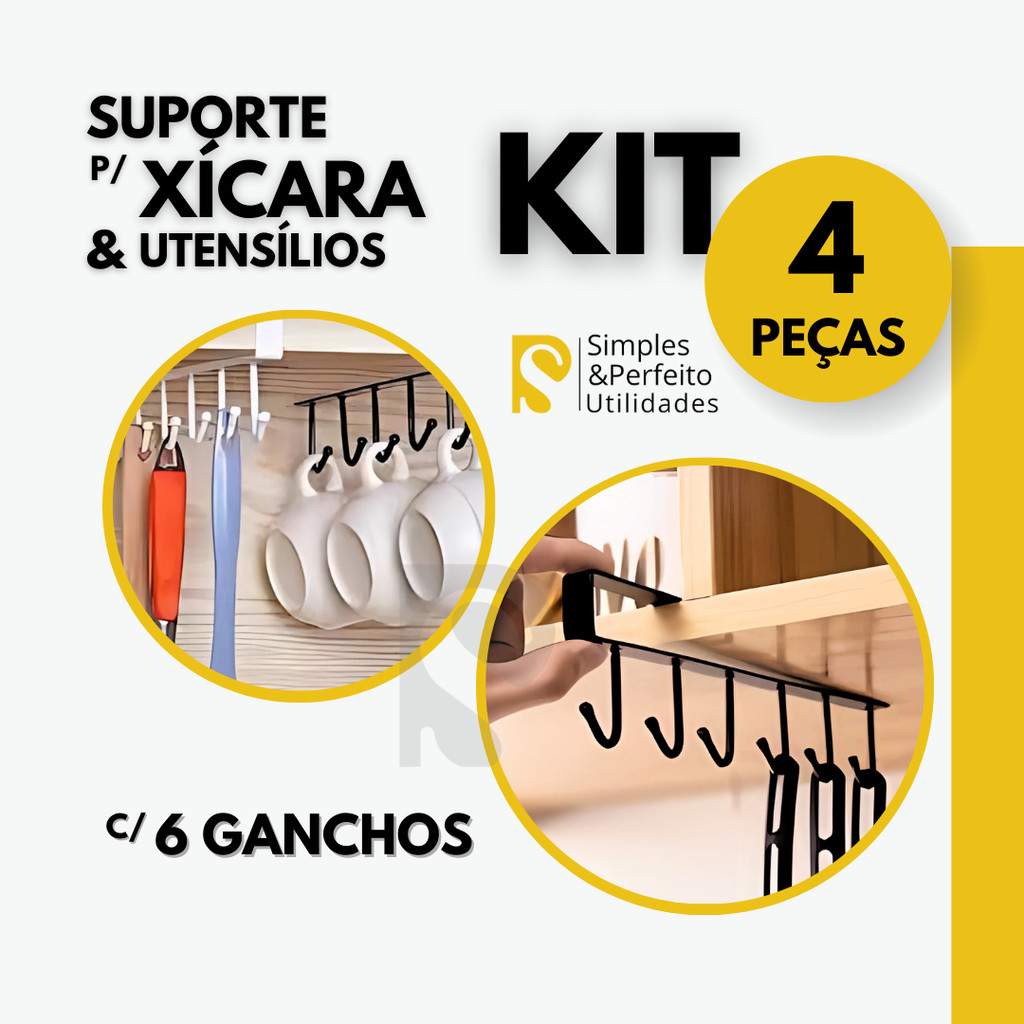 Kit 4 Pçs * Suporte de Metal Organizador Porta Xicara Caneca e Utensílios Pendurar Cozinha Armário