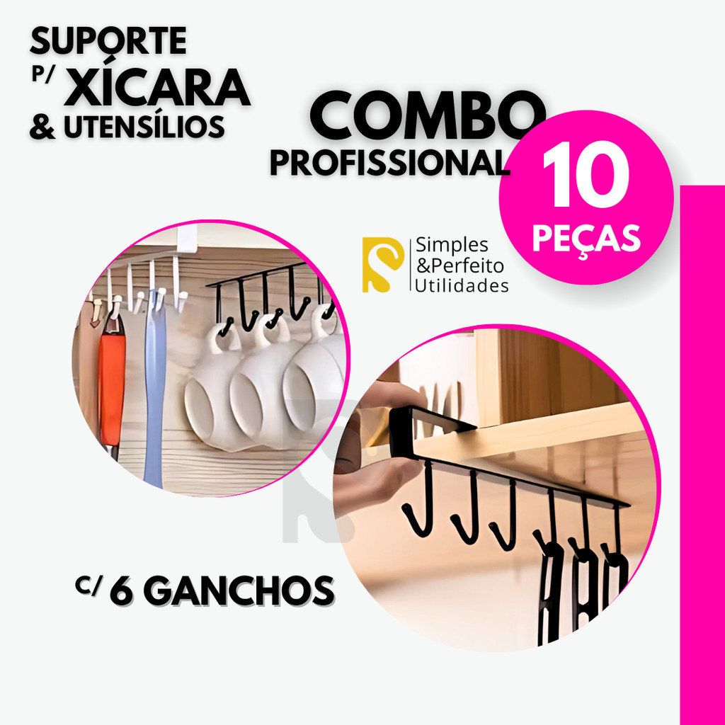 Kit 10 Pçs * Suporte de Metal Organizador Porta Xicara Caneca e Utensílios Pendurar Cozinha Armário
