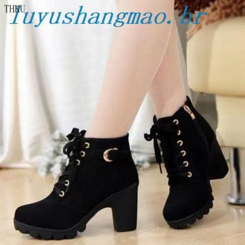 Botas Curtas Femininas com Salto Grosso para Outono e Inverno F3EQ