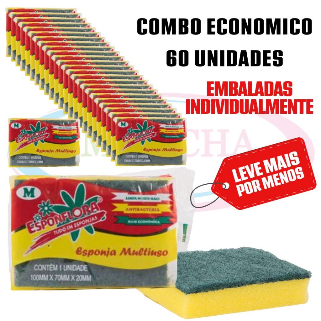 Esponjas Dupla Face Antibacterianas | Econômicas | Louças Brilhando e Cozinha Protegida – 60 UNIDADES